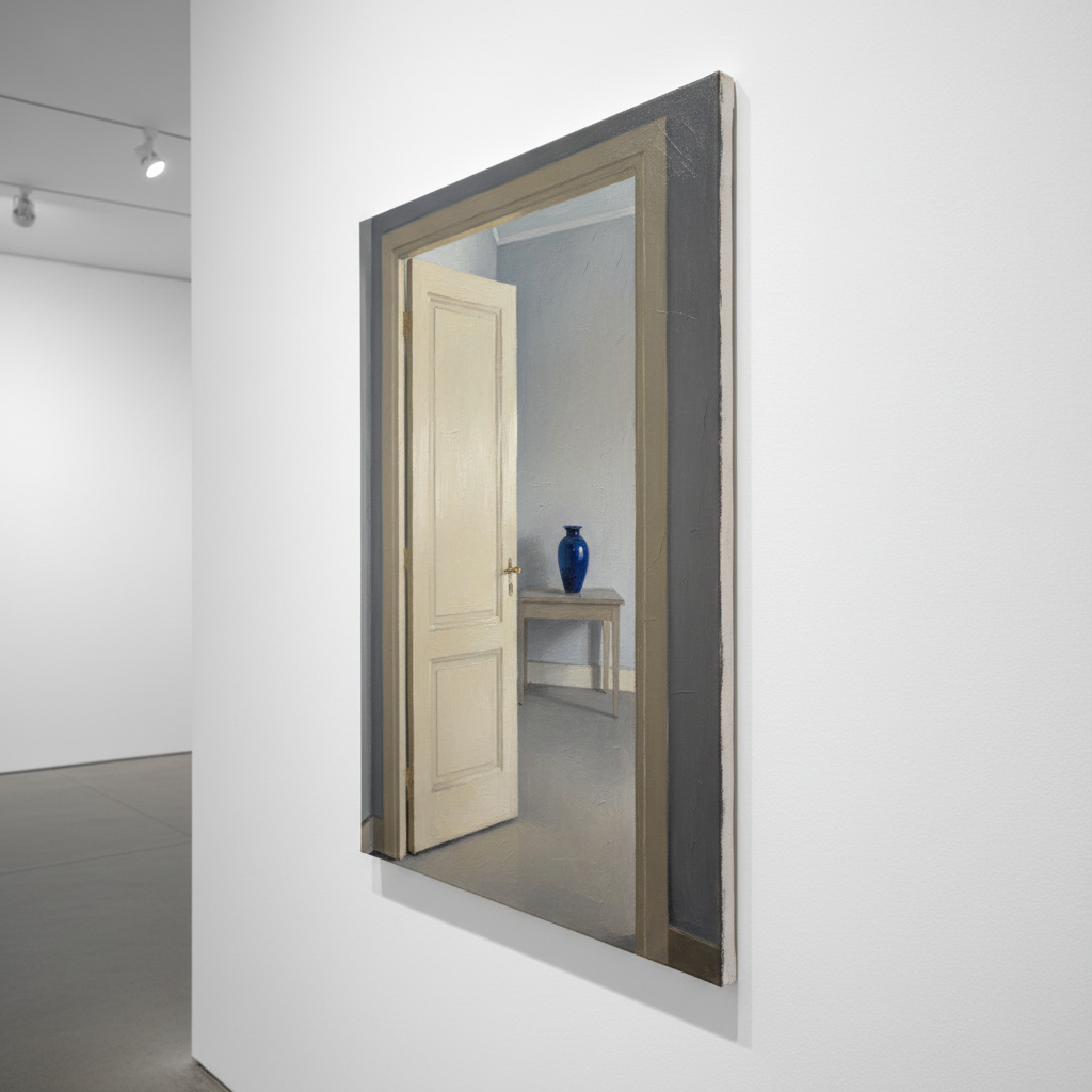 A narrow hallway interior rendered as an oil painting on canvas, photographed while hanging on a clean, matte white gallery wall. Within the painting, a slightly ajar interior door reveals a glimpse of another empty room, where a single vase sits on a distant table, separated by soft shadowed space. The color palette is restrained: cool grays, warm creams, and a single deep blue accent creating visual tension. The gallery environment is minimalist, with polished concrete floors and diffused ceiling lighting casting even, soft illumination across the painting surface. Shot from a slightly angled perspective to reveal the canvas depth and edge, the mood is sophisticated, quiet, and enigmatic, emphasizing emotional distance and connection through architectural space.