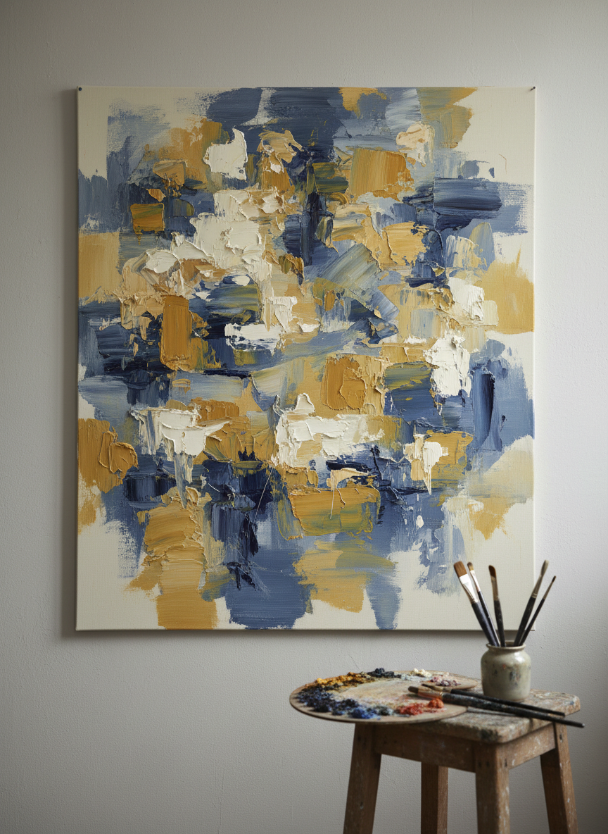 A large, unstretched oil painting canvas pinned to a softly lit studio wall, covered in an abstract interplay of muted indigo, warm ochre, and soft ivory brushstrokes. The paint surface is rich and tactile, with visible ridges, glazes, and delicate scumbles suggesting fleeting moments and the invisible space between objects. In the foreground, a sturdy wooden stool holds a neatly arranged palette of oil colors and worn brushes, slightly out of focus. Gentle north-facing daylight enters from an unseen window, creating a calm, diffused glow and subtle shadows on the wall. Photographic realism, shot at eye level with a shallow depth of field, creates a sophisticated, introspective mood suited for a fine art portfolio homepage.