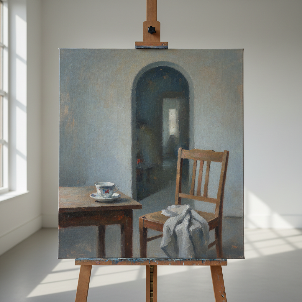 A close-up photographic view of an oil painting on a stretched linen canvas, showing a quiet domestic interior with only objects: a porcelain cup on a small wooden table, a folded linen cloth on a nearby chair, and the suggestion of an open doorway beyond, all rendered in soft, blurred edges. The brushwork is loose yet intentional, with muted blues, warm grays, and hints of coral creating a sense of emotional distance and connection. The painting rests on an easel in a minimalist studio with white walls, illuminated by gentle afternoon light from the left, casting subtle shadows. Captured straight-on with crisp focus on the painted surface texture, the atmosphere feels contemplative, elegant, and quietly narrative.