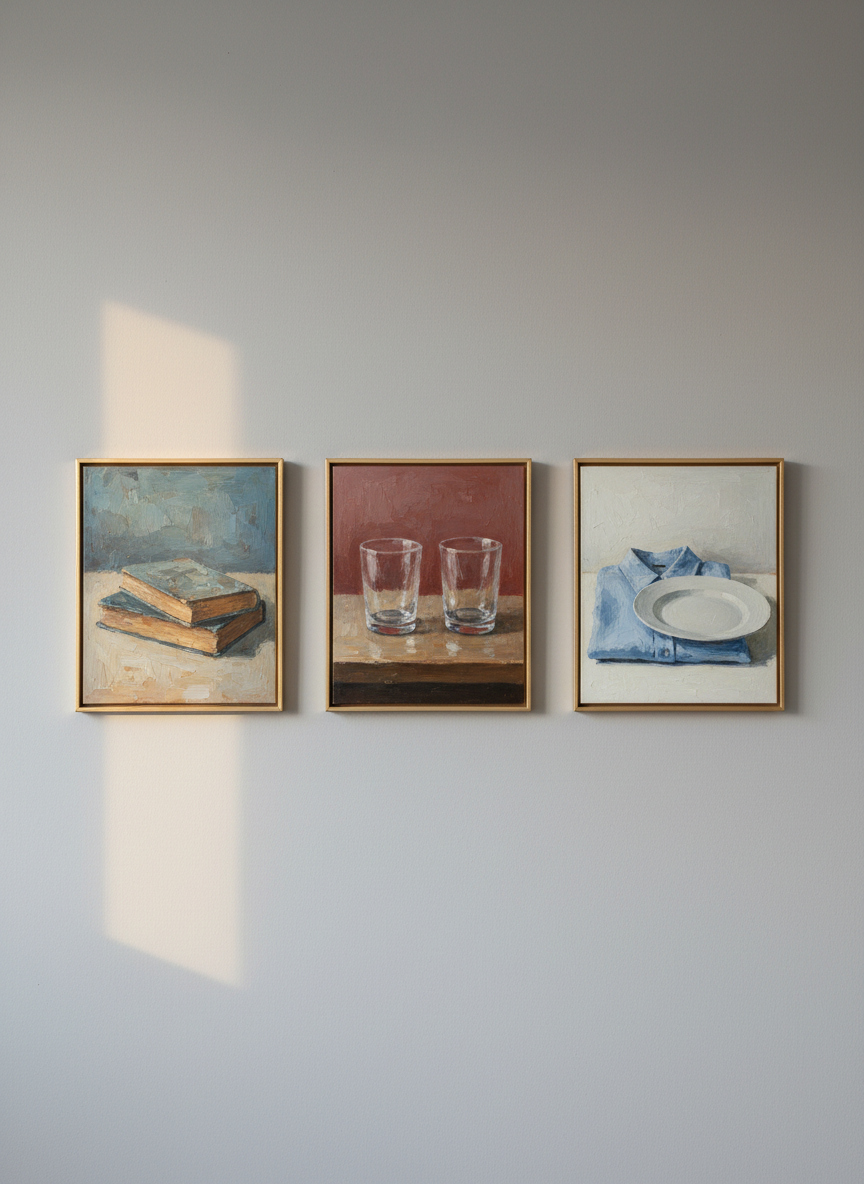 A small series of three oil paintings hung in a precise horizontal line on a smooth, pale gray wall, each canvas depicting intimate still-life arrangements that allude to relationships: two overlapping books with worn covers, a pair of empty glasses separated by a few inches, and a neatly folded shirt beside an untouched plate. The paintings share a muted, harmonious palette of soft blues, clay reds, and chalky whites, with visible brushwork and layered glazes. The scene is photographed in a refined studio setting with warm, indirect late-afternoon light creating gentle gradients of shadow beneath each frame. Shot straight-on with balanced composition and sharp focus throughout, the image feels curated, sophisticated, and quietly emotive, ideal for presenting a cohesive body of work on a portfolio site.