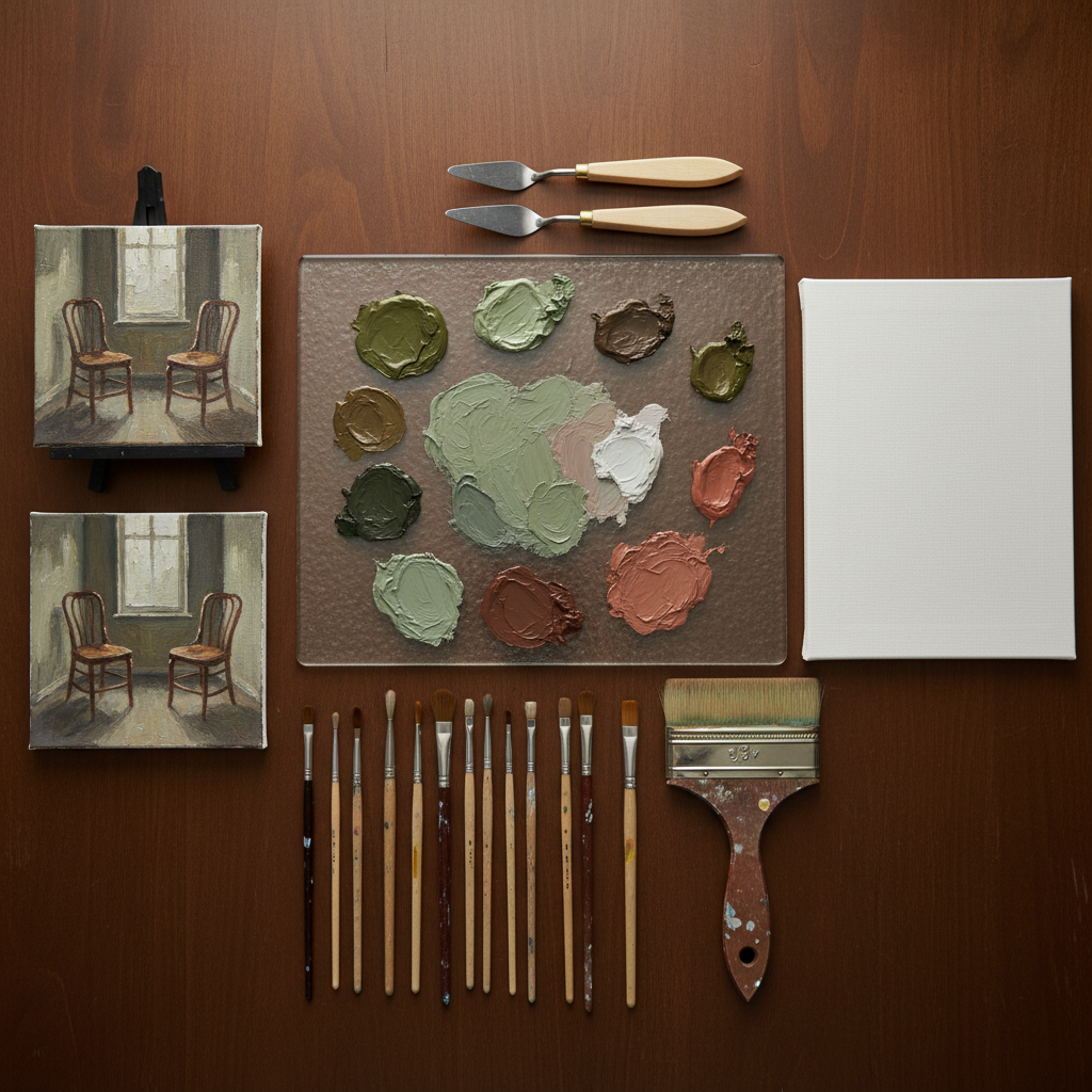 An elegantly composed flat lay of oil painting materials on a smooth, dark wooden table: a primed linen canvas panel, neatly arranged hog-hair brushes with paint-stained handles, metal palette knives, and a heavy glass palette bearing carefully mixed pools of muted greens, dusty pinks, and deep umbers. A single unfinished small painting rests to the side, depicting two empty chairs facing each other across a narrow space. Soft, overcast window light from above left creates gentle highlights on the glass palette and the slight sheen of wet paint, leaving long, delicate shadows. Photographic realism with a top-down, bird’s-eye composition emphasizes order, craft, and a sophisticated calm, echoing themes of relationships and the space between them.
